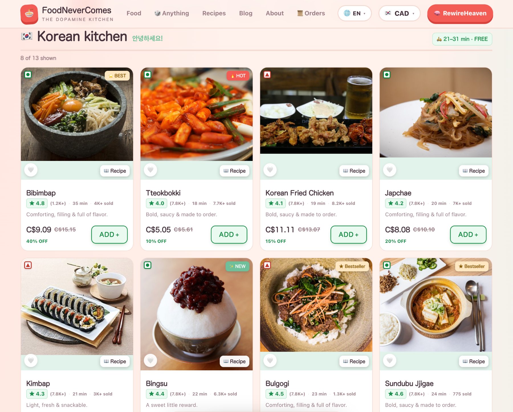 A screen shot from foodnevercomes.com