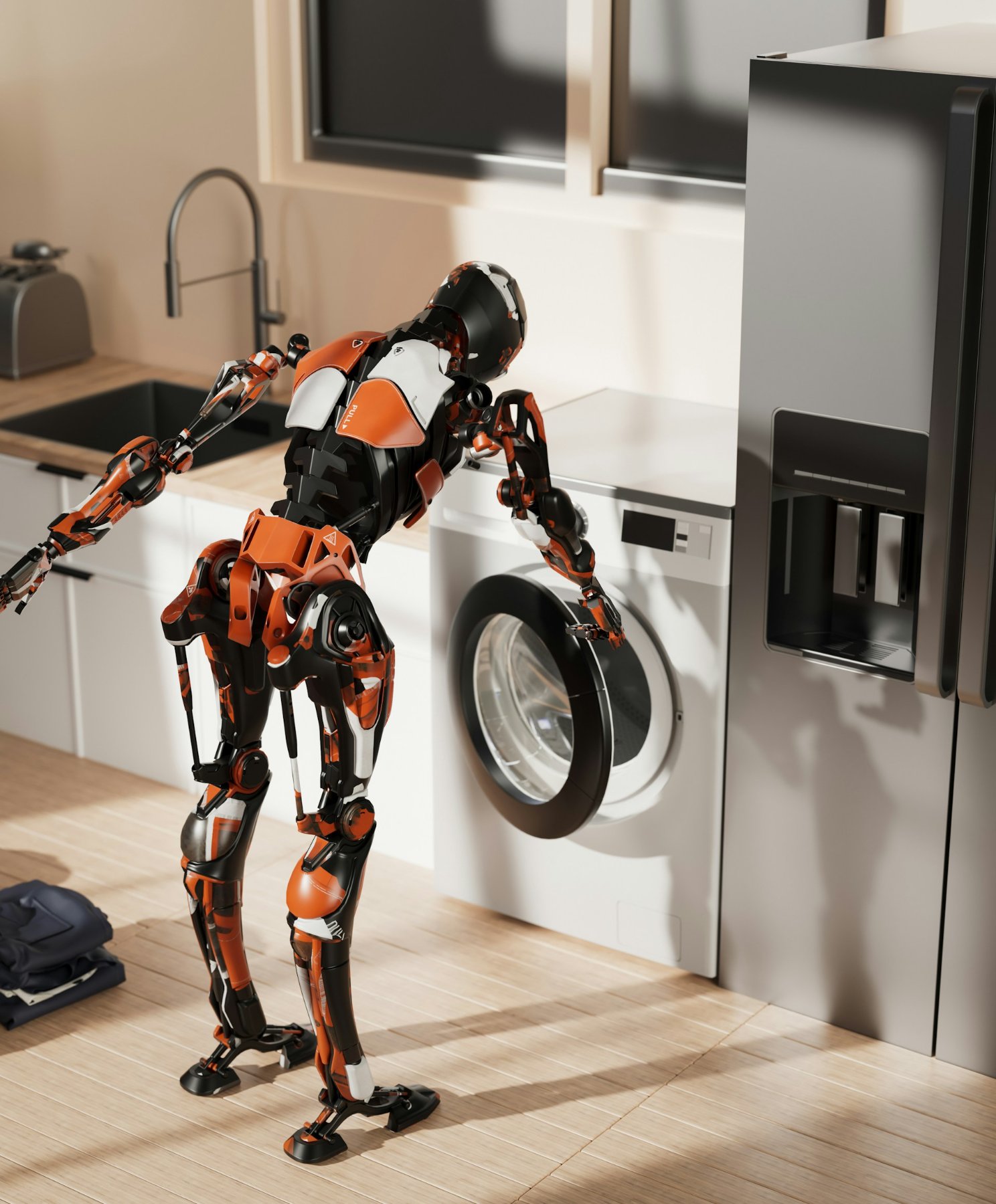 Concept image of a humanoid robot handling tasks like laundry